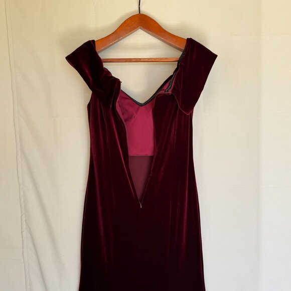 XSCAPE Burgundy Stretch Velvet Bardot Sweetheart Neck Formal Maxi Dress Size 14 - Picture 11 of 16